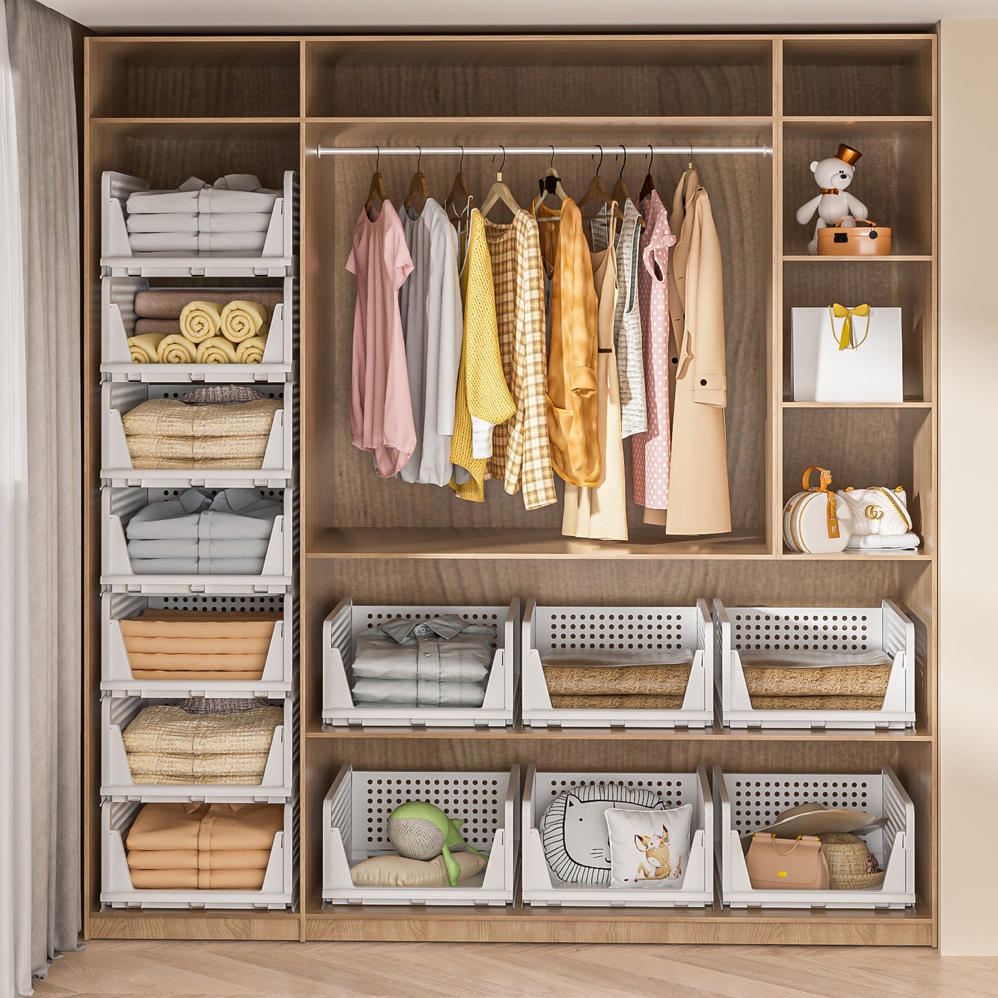 Neprock Stackable Plastic Storage Drawers for Closet Organizers and Storage,4 Pack Open Storage Bins Closet Shelf Clothes Organizer for Wardrobe Cupboard Kitchen Bathroom Office(4L)