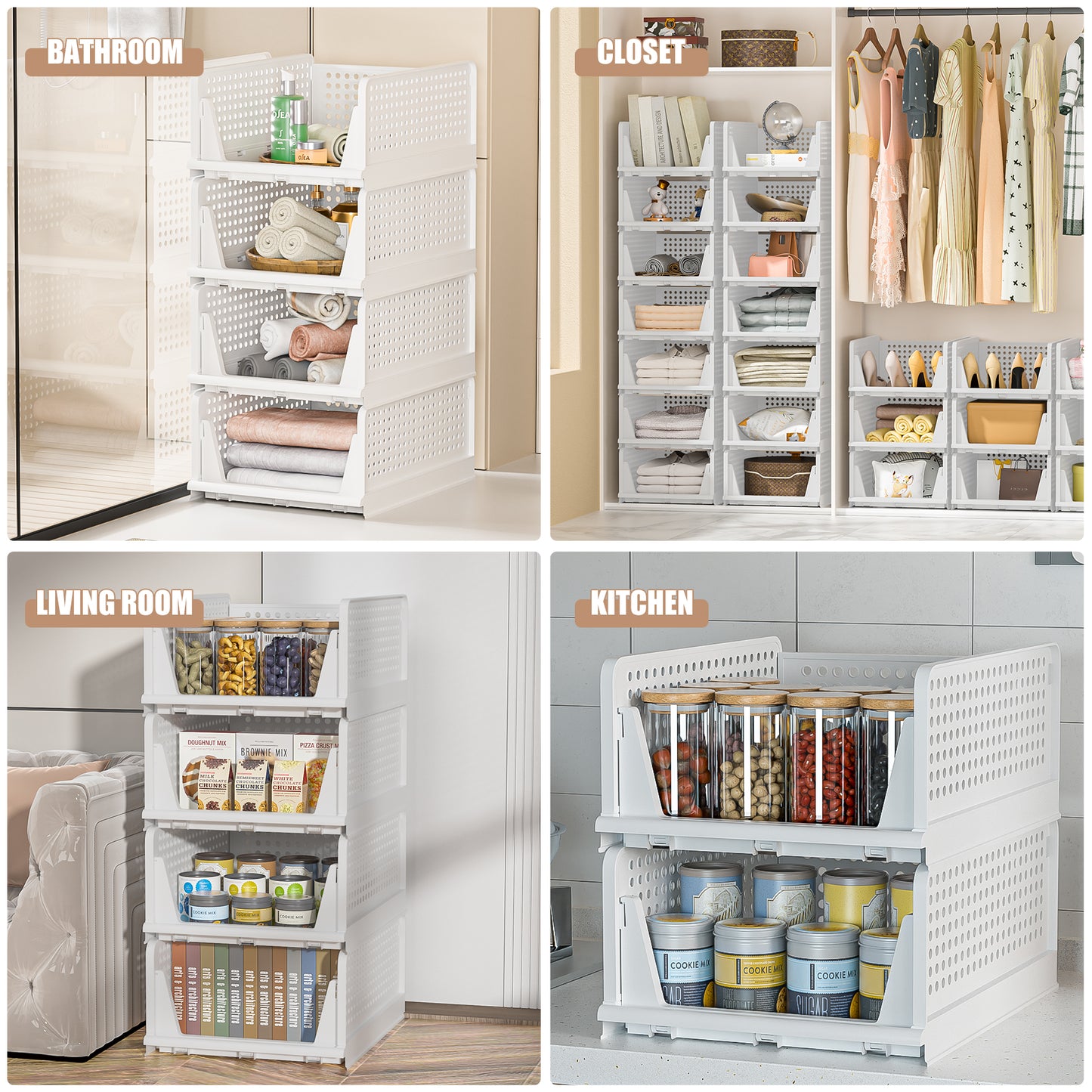 Neprock Stackable Plastic Storage Drawers for Closet Organizers and Storage,4 Pack Open Storage Bins Closet Shelf Clothes Organizer for Wardrobe Cupboard Kitchen Bathroom Office(4L)