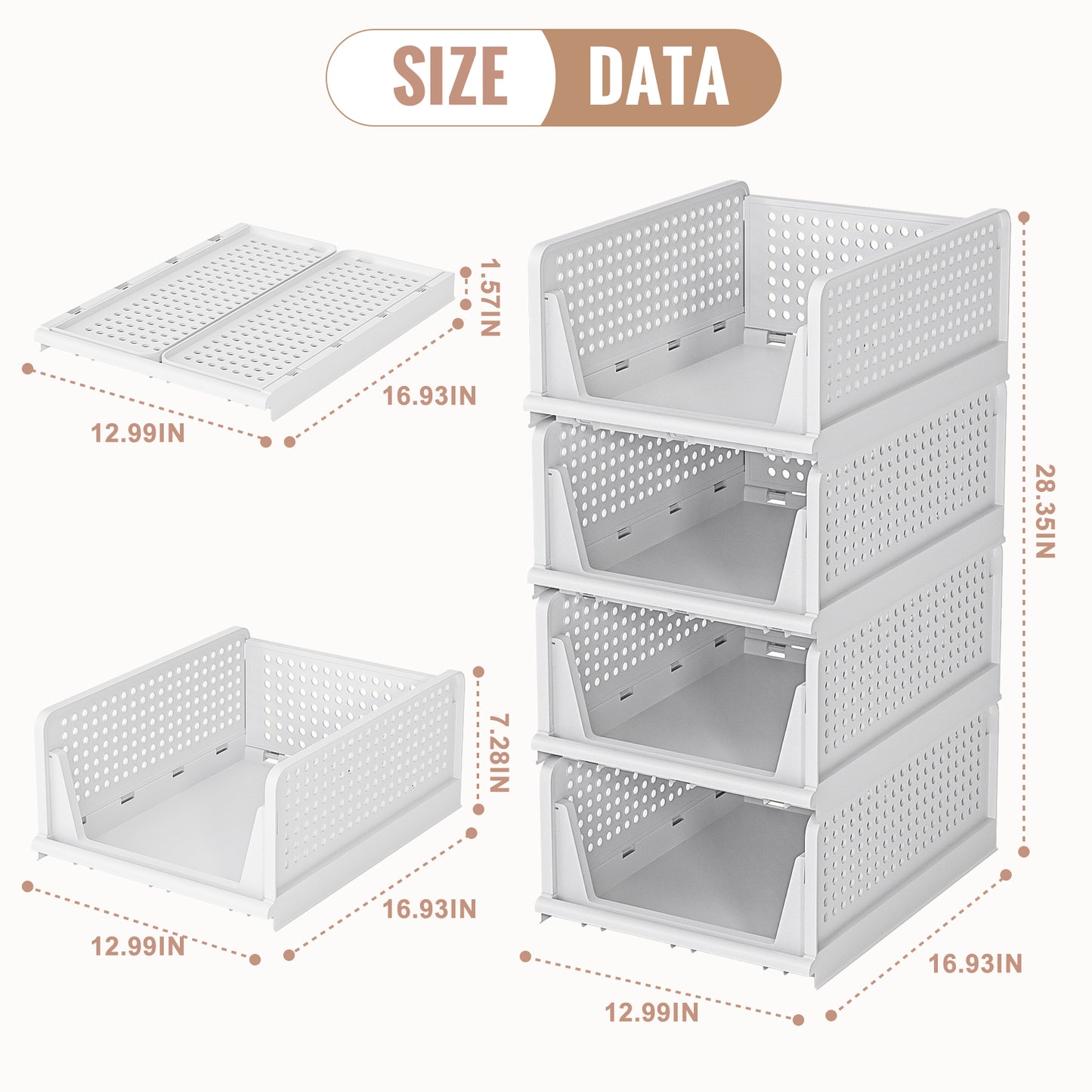 Neprock Stackable Plastic Storage Drawers for Closet Organizers and Storage,4 Pack Open Storage Bins Closet Shelf Clothes Organizer for Wardrobe Cupboard Kitchen Bathroom Office(4L)