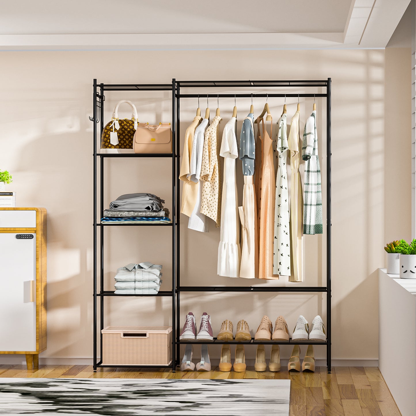 Neprock Portable Closet Rack for Hanging Clothes,Freestanding Closet Organizer System with Shelves,Metal Wardrobe Closet Grament Rack for Clothing Storage(Black)