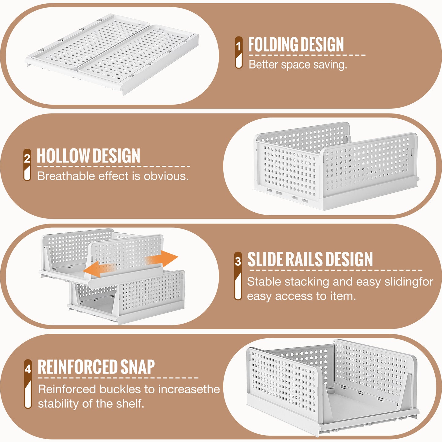 Neprock Stackable Plastic Storage Drawers for Closet Organizers and Storage,4 Pack Open Storage Bins Closet Shelf Clothes Organizer for Wardrobe Cupboard Kitchen Bathroom Office(4L)