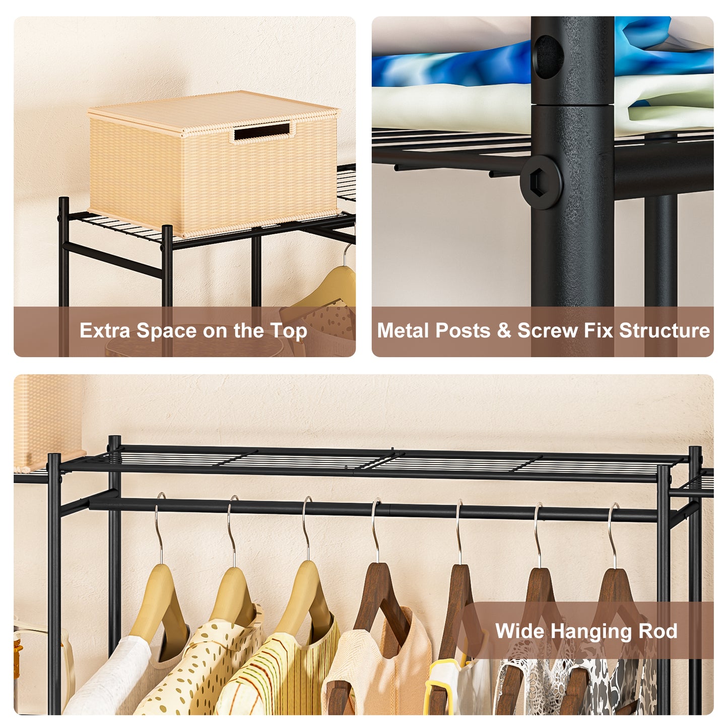 Neprock Portable Closet Wardrobe, Metal Clothing Rack with 8 Shelves & 1 Hang Rod, Free Standing Closet Rack for Hanging Clothes Closet Organizers and Storage, 63"*63"*12", Black