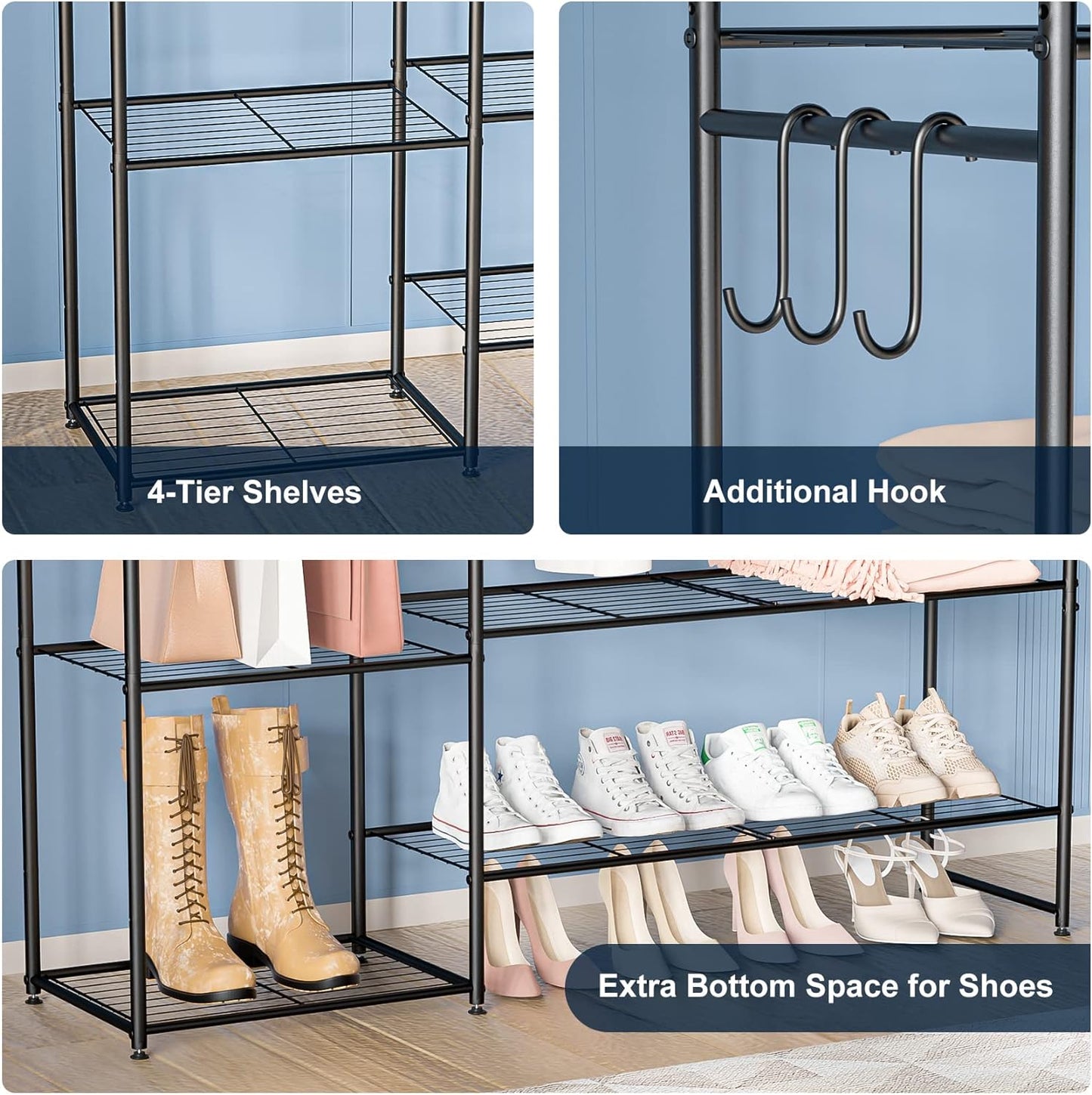 Neprock Clothing Rack with Shelves, Portable Closet Wardrobe with Hanging Clothes Rods, Closet Organizers and Storage for Clothes, Clothes Rack Rangement Garde Robe, Black