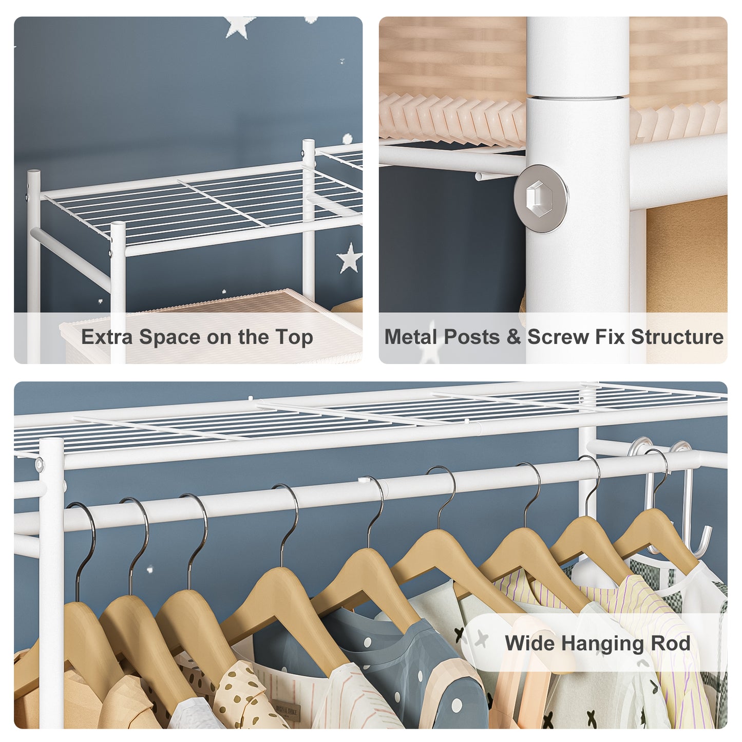 Neprock Clothing Racks for Hanging Clothes with Shelves, Portable Closet System Organizer Garment Rack for Clothes Storage, Metal Free Standing Wardrobe Clothes Organizer(White)