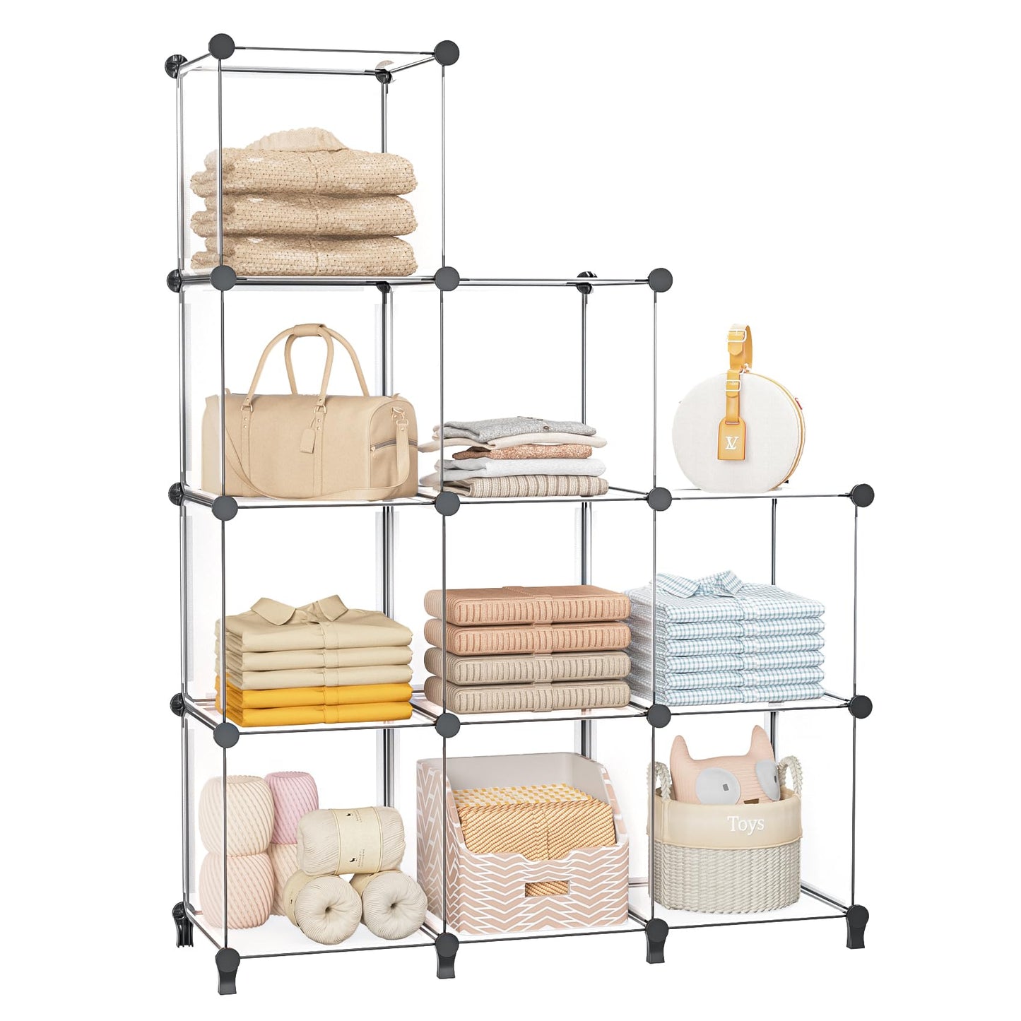 Closet Organizer, 9 Cube Closet Organizers and Storage,DIY Closet Storage Shelves, Clothes Storage Organizer for Kids, Closet, Bedroom, Bathroom, Office(9 Cubes)(Transparent White)