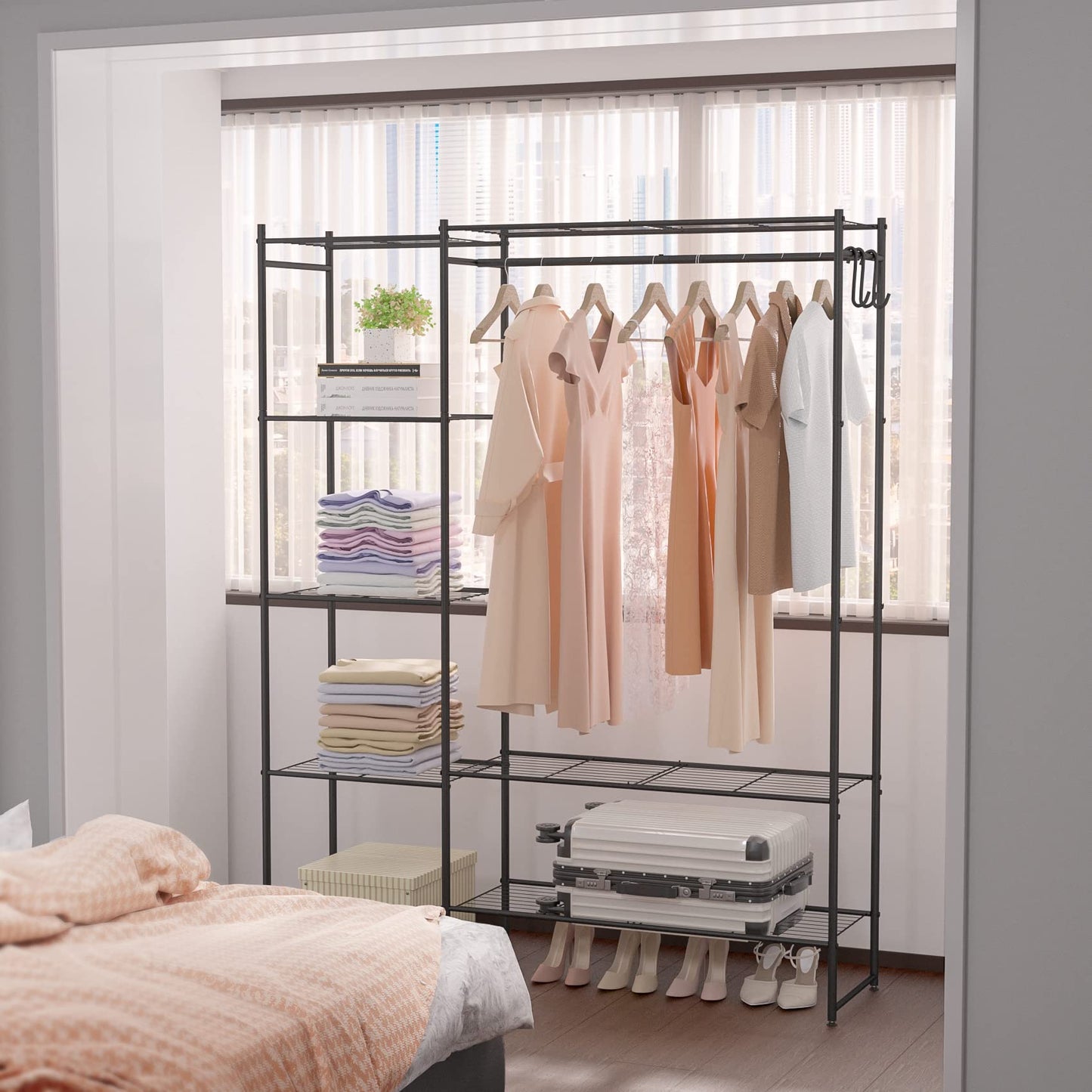 Neprock Clothing Rack with Shelves, Portable Closet Wardrobe with Hanging Clothes Rods, Closet Organizers and Storage for Clothes, Clothes Rack Rangement Garde Robe, Black