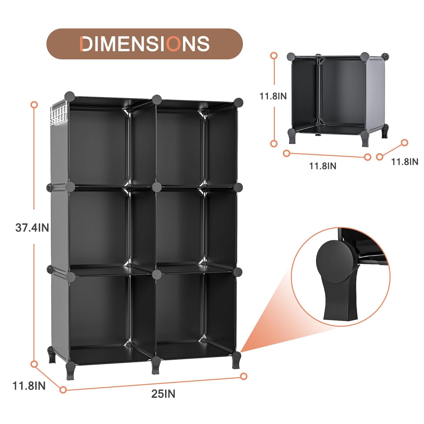 Closet Organizer, 6 Cube Closet Organizers and Storage, Portable Closet Storage Shelves, Clothes Storage Organizer for Kids, Closet, Bedroom, Bathroom, Office(6 Cubes)(Black)