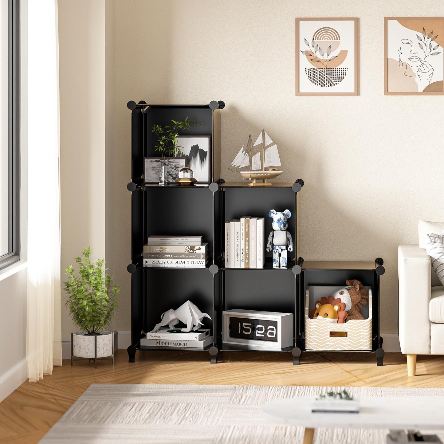 Closet Organizer, 6 Cube Closet Organizers and Storage, Portable Closet Storage Shelves, Clothes Storage Organizer for Kids, Closet, Bedroom, Bathroom, Office(6 Cubes)(Black)