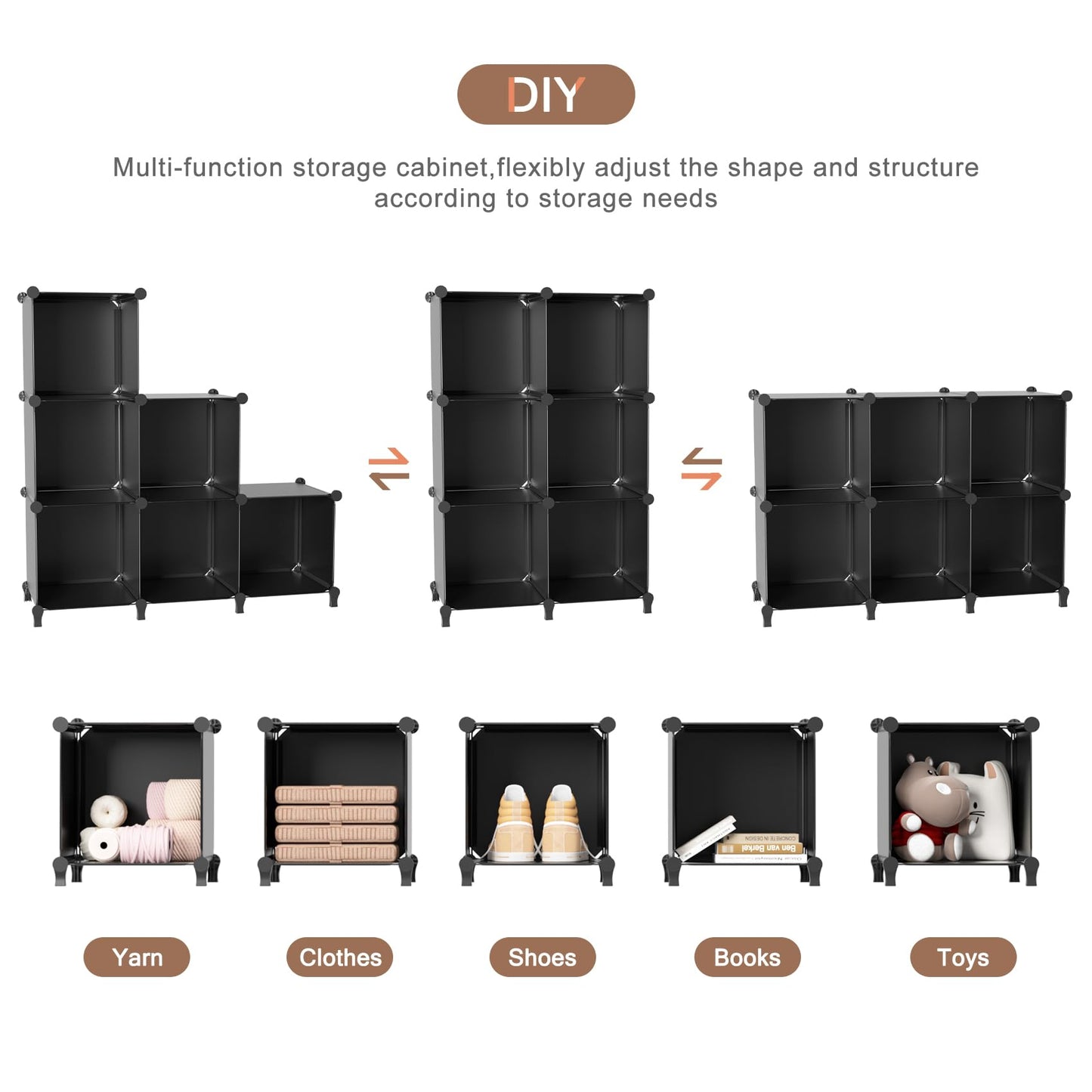 Closet Organizer, 6 Cube Closet Organizers and Storage, Portable Closet Storage Shelves, Clothes Storage Organizer for Kids, Closet, Bedroom, Bathroom, Office(6 Cubes)(Black)