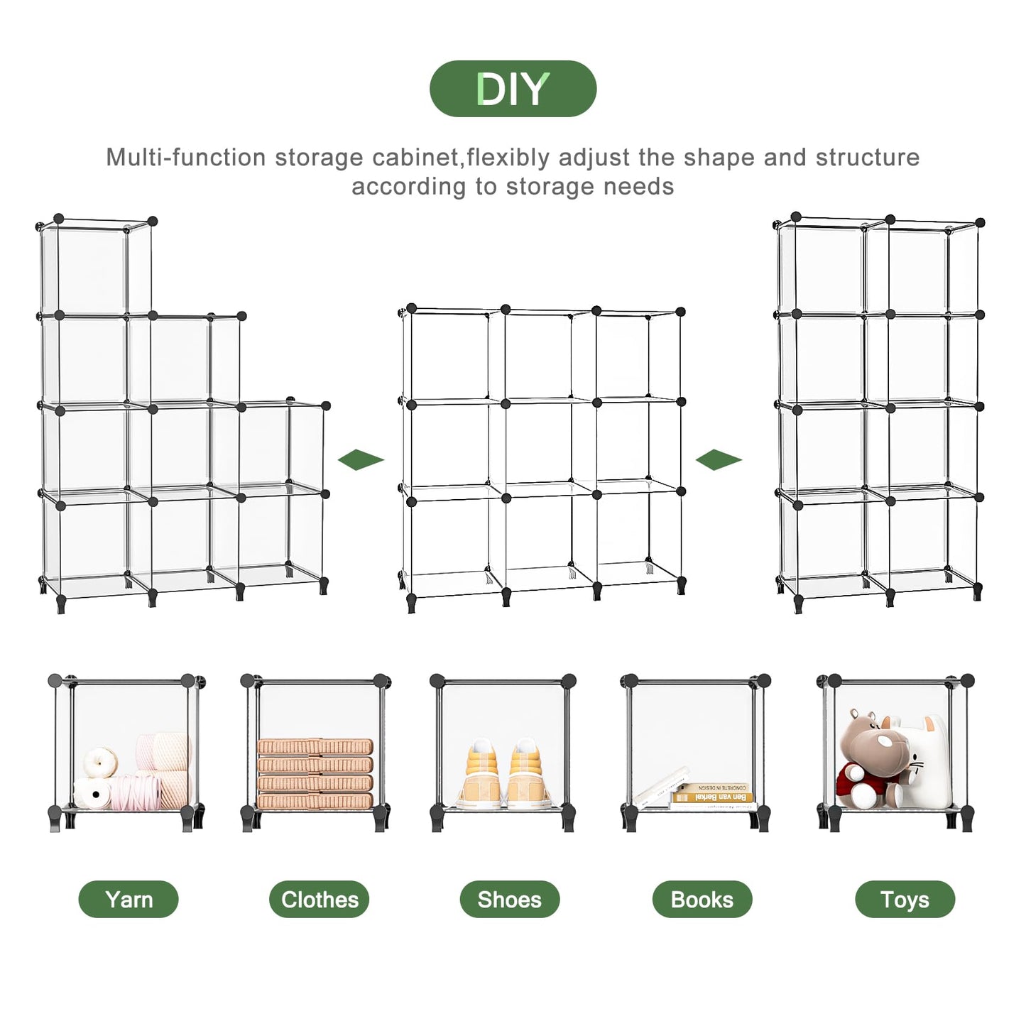 Closet Organizer, 9 Cube Closet Organizers and Storage,DIY Closet Storage Shelves, Clothes Storage Organizer for Kids, Closet, Bedroom, Bathroom, Office(9 Cubes)(Transparent White)