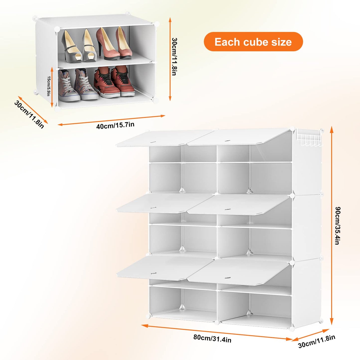 Shoe Rack, 6 Tier Closet Organizers Shoe Organizer Storage Cabinet Shoe Racks for Closet, 24 Pair Plastic Cube Closet Organizers and Storage Shoe Shelves with Doors for Entryway Bedroom Hallway(White)
