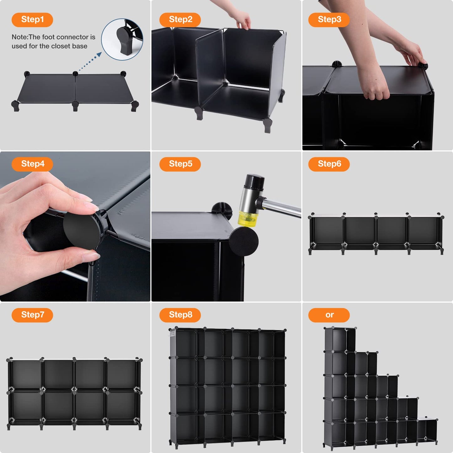 Neprock 16 Cubby Storage Organizer, Closet Clothes Storage Organizer, Cube Shelves Closet Organizers and Storage Shelves for Clothing Storage with Hammer, Bookshelf for Kids(16 Cubes)(Black)