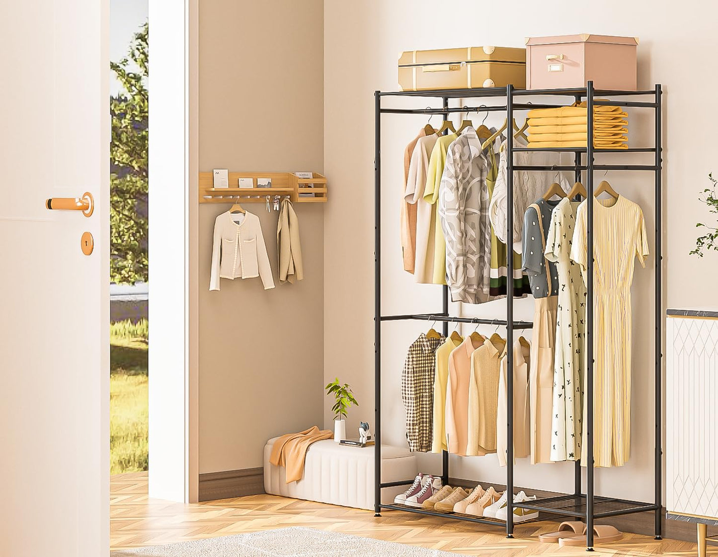 Portable Wardrobe Closet, Freestanding Clothing Racks for Hanging Clothes With 3 Hang Rods & 5 Shelves,Metal Clothes Rack Closet Organizer System and Storage for Cloakrooms, Bedrooms, Entrances