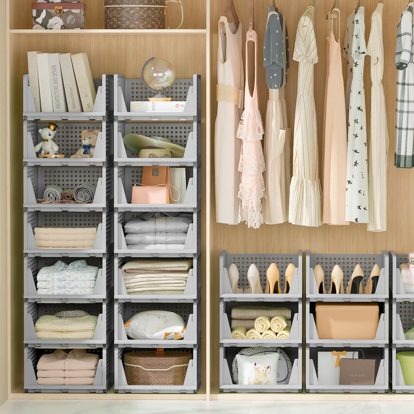 Neprock Closet Organizers and Storage, 5 Pack Folding Plastic Drawer Storage for Clothes Storage, Stackable Storage Bins for Closet Cupboard RV Bathroom(5 L)(Gray)