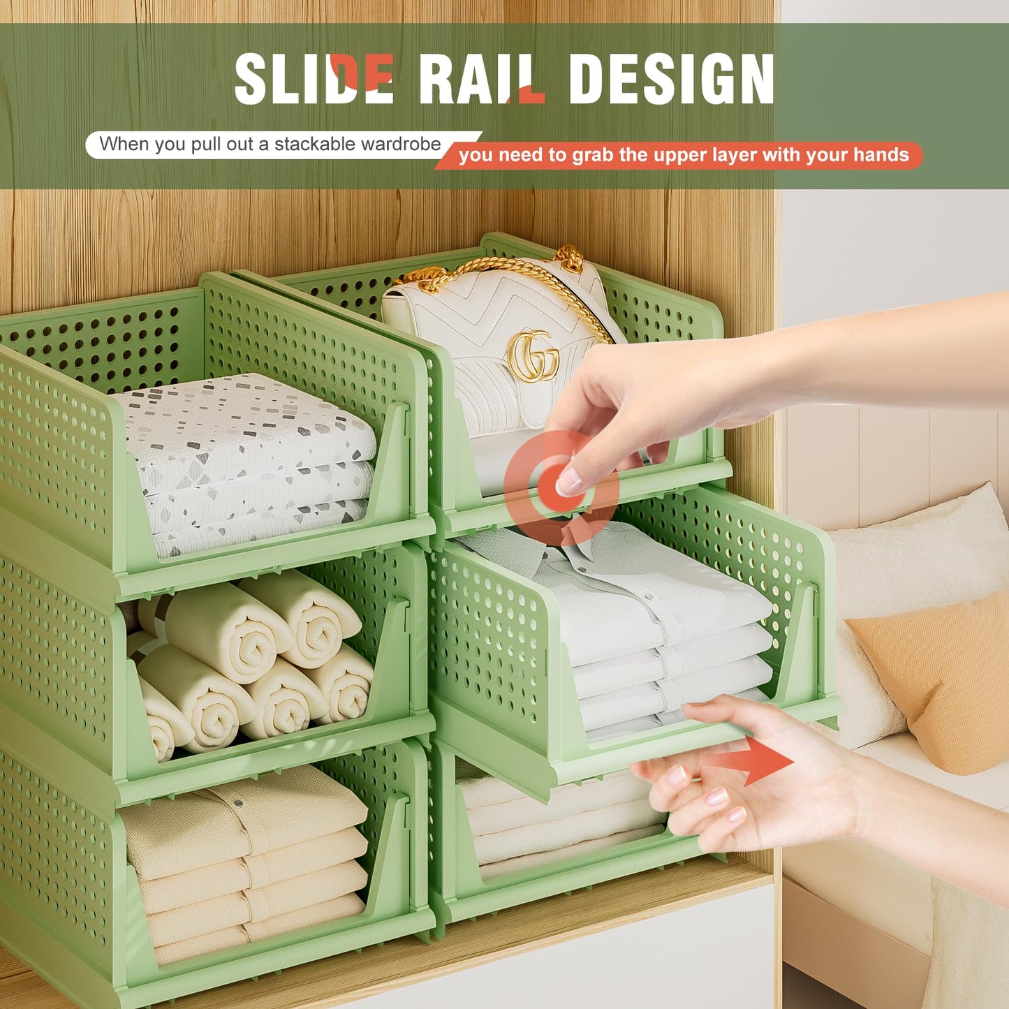 Neprock Closet Organizers and Storage, 5 Pack Folding Plastic Drawer Storage for Clothes Storage, Stackable Storage Bins for Closet Cupboard RV Bathroom(5L)(Green)