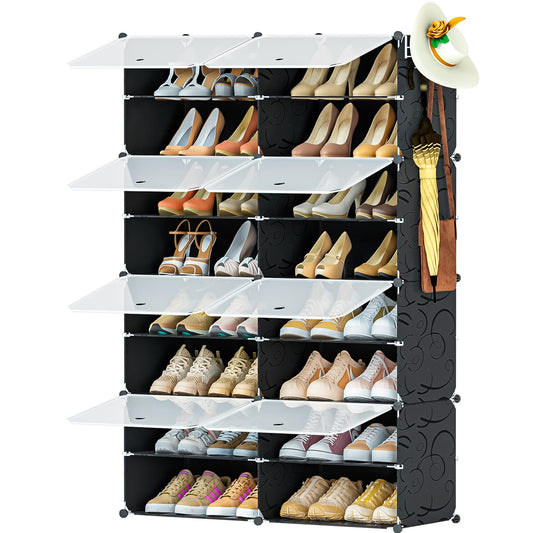 Shoe Rack - 8 Tier Shoe Racks for Entryway, 32 Pair Plastic Shelf Shoe Storage Cabinet Closet Organizers with Doors Rangement Chaussures Hallway Bedroom Entryway (Black)