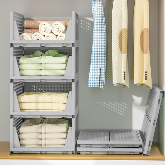 Clothes Storage, 4 Pack Plastic Drawer Storage for Closet Organizers and Storage, Stackable Closet System for Towel Toy Tshirt Sweater (4L)（Gray）