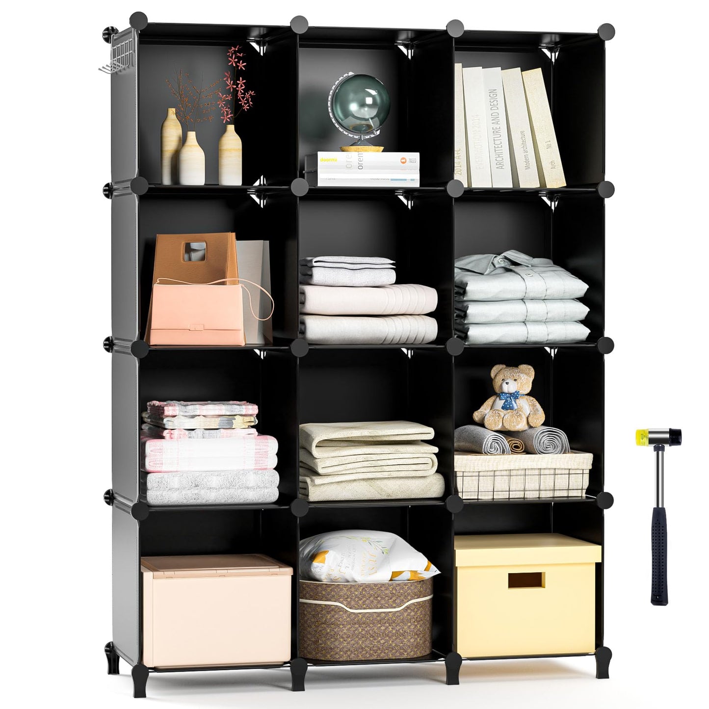 Neprock 12 Cube Storage Shelf, Closet Storage Cube Storage Organizer with Metal Hammer, DIY Plastic Cube Storage Bookshelf Closet Organizers and Storage for Clothes Storage,Bedroom,Bathroom (Black)