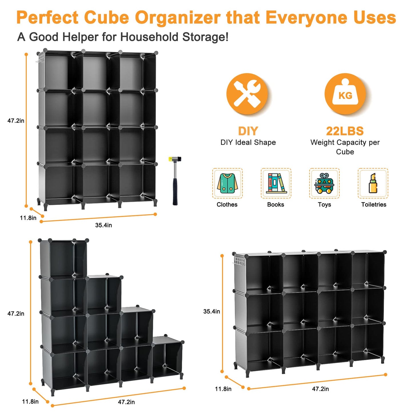 Neprock 12 Cube Storage Shelf, Closet Storage Cube Storage Organizer with Metal Hammer, DIY Plastic Cube Storage Bookshelf Closet Organizers and Storage for Clothes Storage,Bedroom,Bathroom (Black)