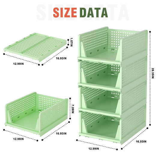 Closet Organizer, 4 Pack Stackable Storage Bins for Closet Shelves, Plastic Storage Drawers Basket Weekly Clothes Organizer for Kids(4L)（Green）