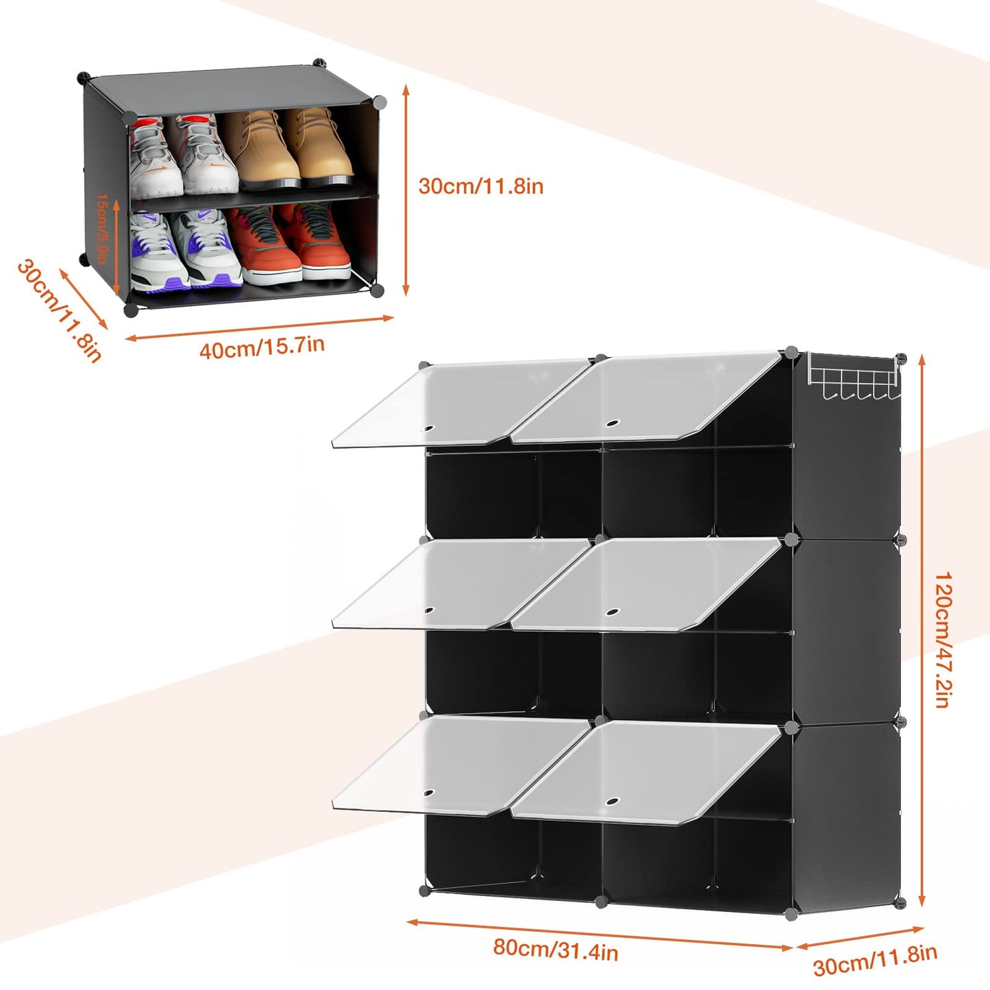 Shoe Rack Organizer, 6 Tier Shoe Storage Cabinet with Doors for Closet, Stackable 24 Pair Plastic Shoe Shelves Organizer,Expandable Free Standing Shoe Rack for Entryway Bedroom Hallway