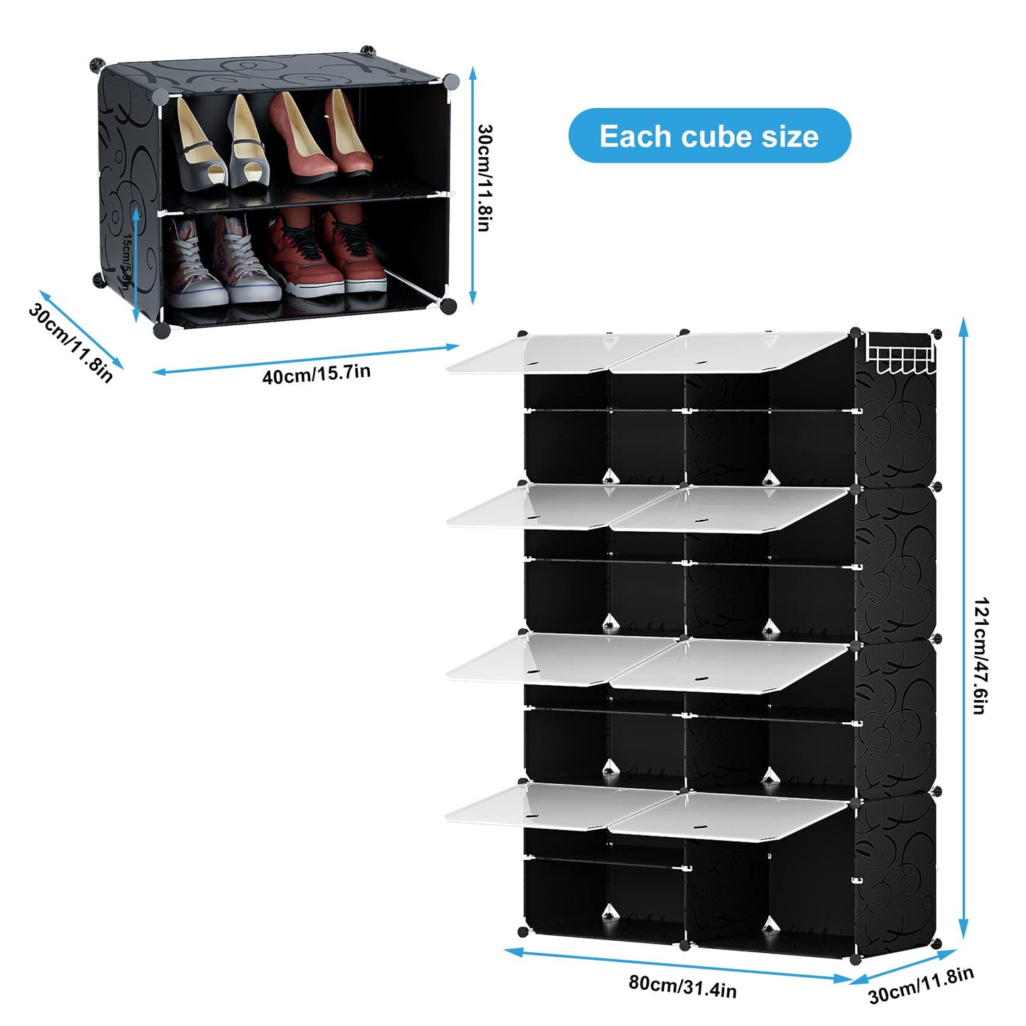 Shoe Organizer, 8-Tier Shoe Rack for Entryway, 32 Pair Shoe Storage Organizer Shoe Cabinet for Closet Bedroom Hallway(Black)