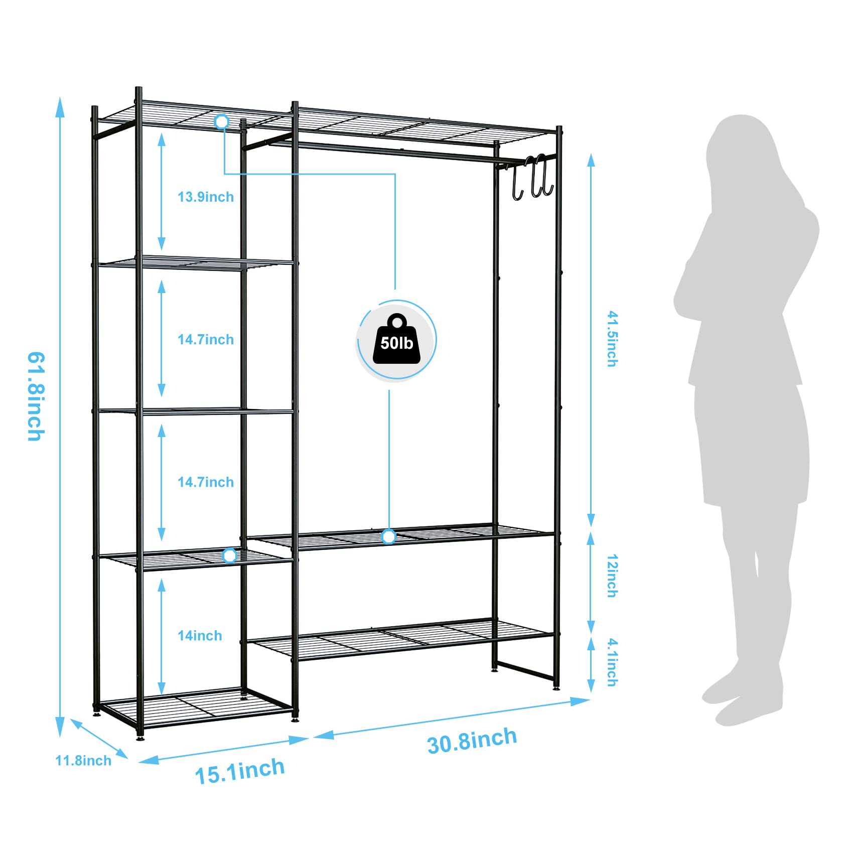 Neprock Portable Closet Wardrobe, Metal Clothing Rack with 8 Shelves & 1  Hang Rod, Free Standing Closet Rack for Hanging Clothes Closet Organizers  and