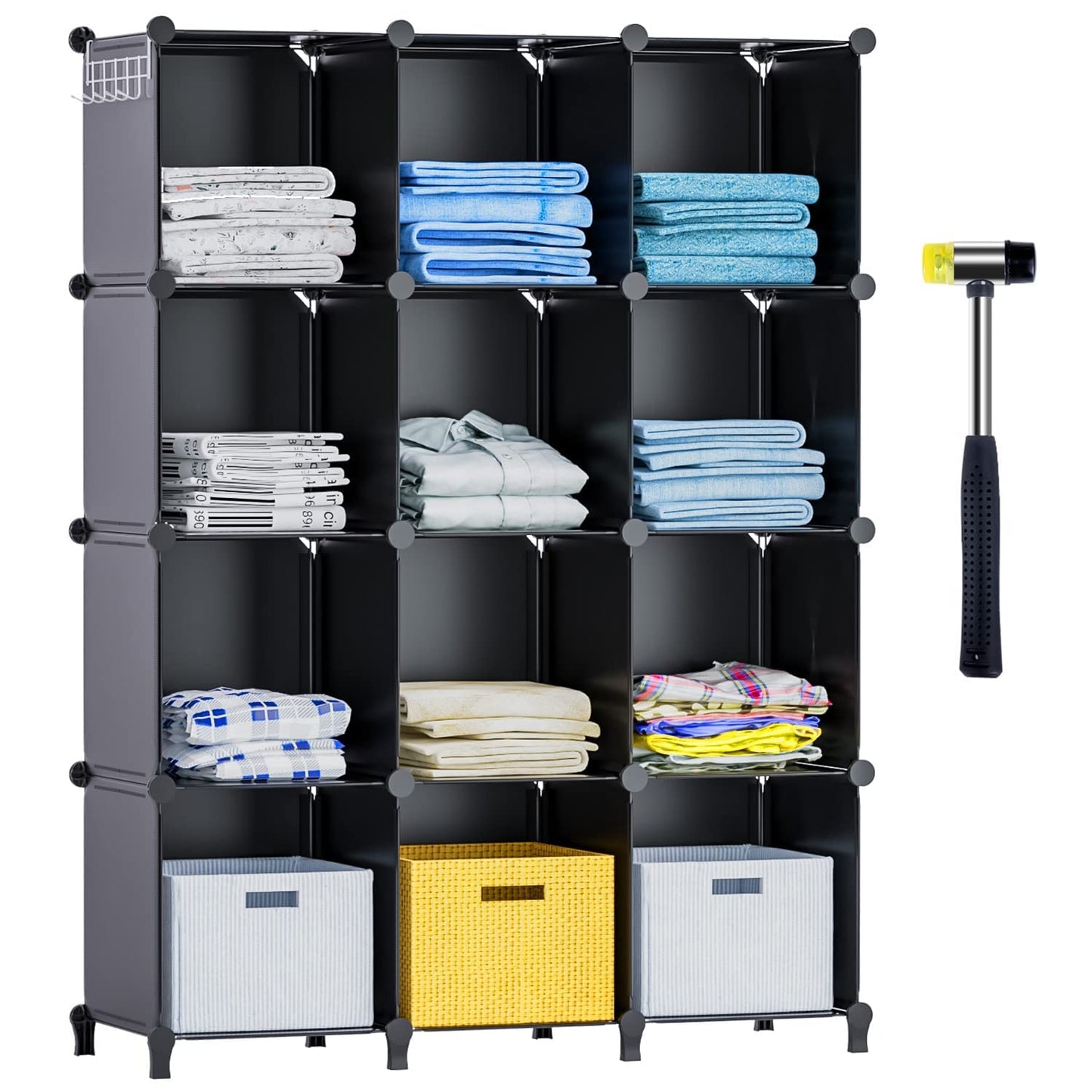 Cube Storage Organizer, 12 Cube Closet Organizers and Storage for Bedroom, Plastic Portable Closet Cube Shelf for Books,Toys and Clothing with Hammer